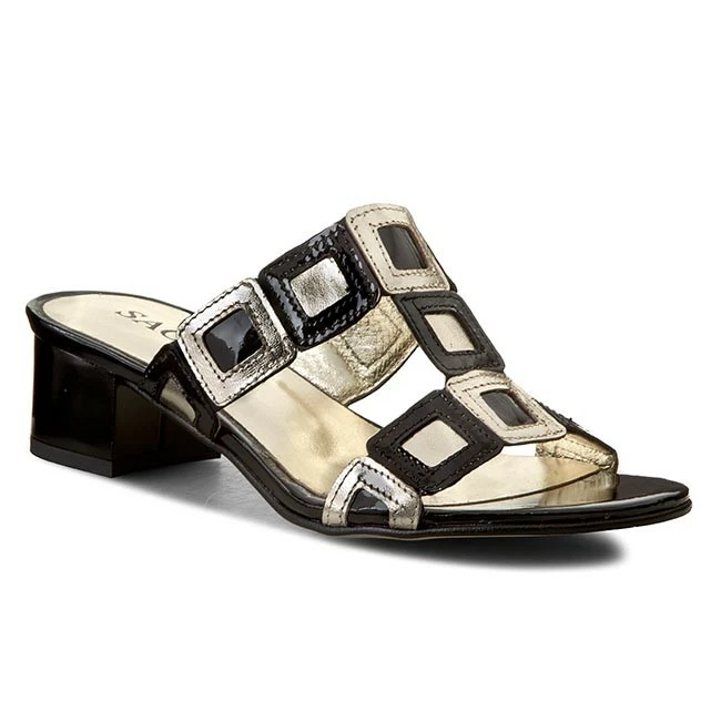 Casual Mules Slides SAGAN - 1669 Czarno Złoty Lakier Black, Gold